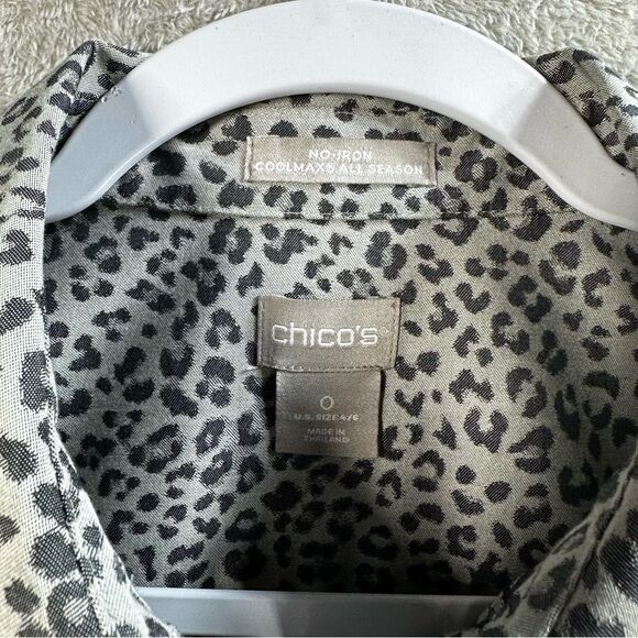 Chico’s No Iron Coolmax All Season Button Up Shirt Gray Leopard Career Women’s S - Picture 2 of 7